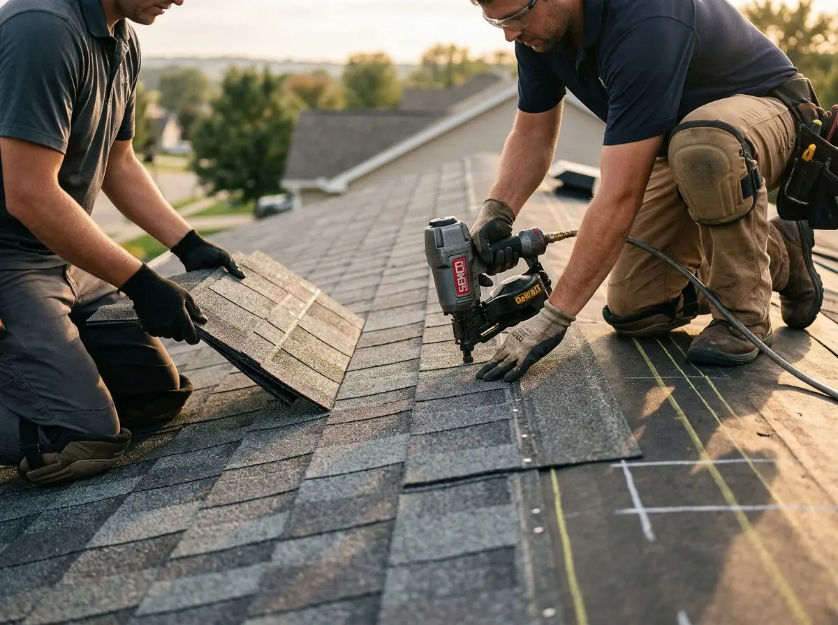 Professional roofer working on a residential roof in Mabank